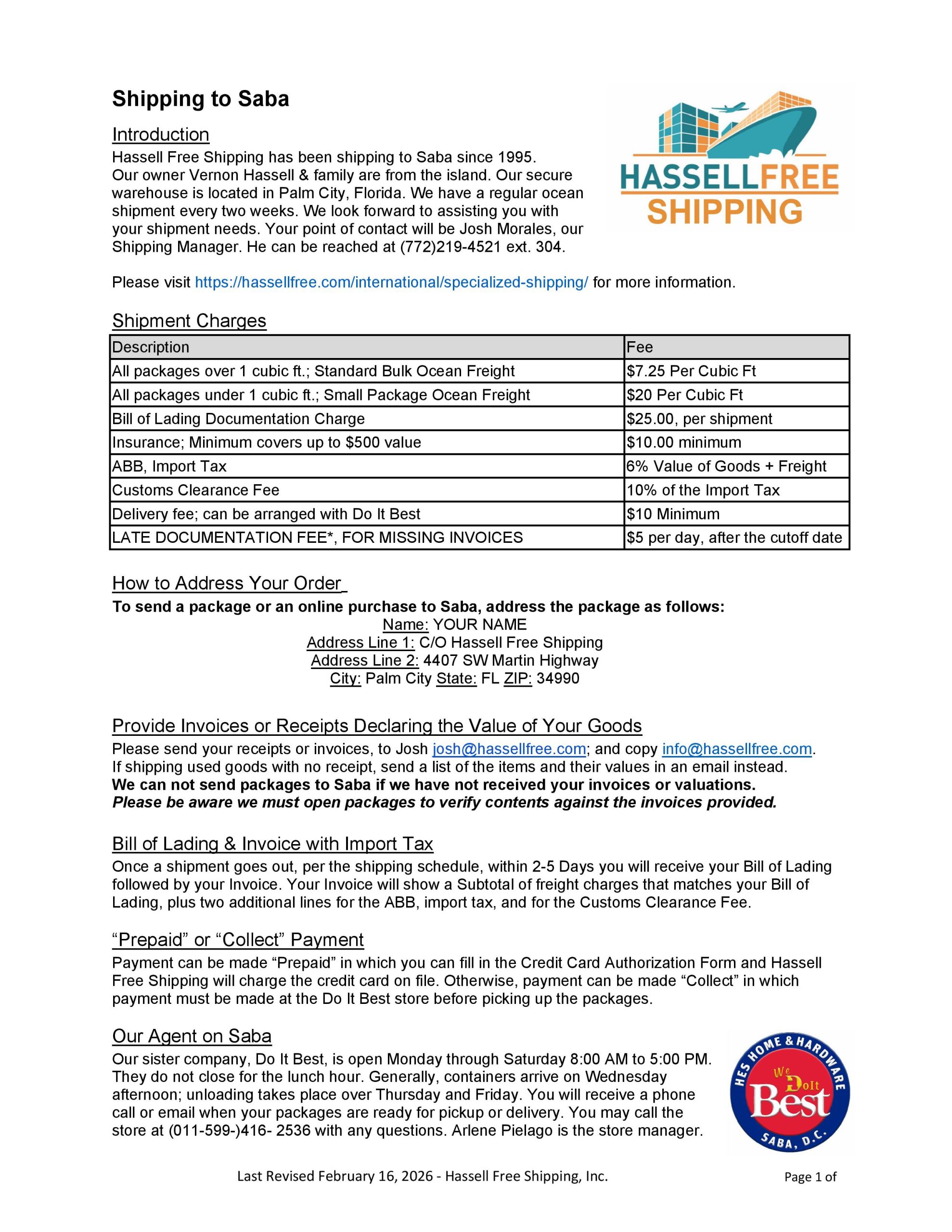 Shipping to Saba Information Revised 2.16.2026 Page 1